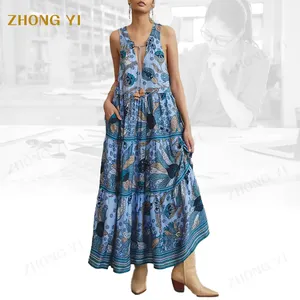 Chinese Factory Manufacturers Custom High Quality Women Cotton Linen Printed Vintage Summer Vacation Casual Maxi Dresses