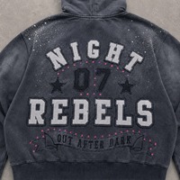 Sweat à capuche zippé pour homme, style OEM/ODM, délavé effet soleil, noir, avec appliqué poitrine, strass et rivets – Fournisseur de premier plan pour hommes