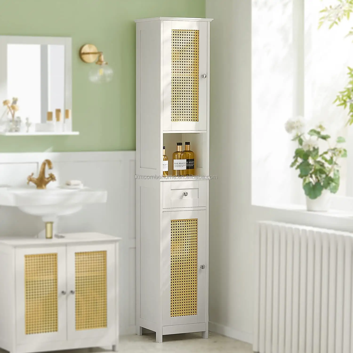 Combohome Wood Bathroom Cabinet with Rattan Door Thin Toilet Storage Shelf Paper Holder Slim Freestanding Floor Storage rack