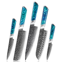 Grandsharp Kitchen 129-laags Japans Damascus staal messenset met koksmes, Santoku, Nakiri, utility- en schilmes, met blauw hars handvat