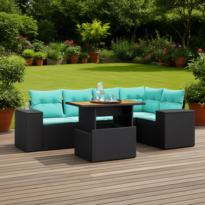 6 Piece Black Poly Rattan Patio <b>Sofa</b> <b>Set</b> With Cushions Outdoor Garden Furniture Waterproof Contemporary Design - Product Image 2