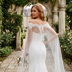 YouLaPan VG36 Nouveauté : Longue cape de mariée en dentelle avec appliques, accessoires de mariage, châle de mariée traînant - Product Image 4