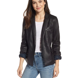Womens Black Single Button <b>Blazer</b> Style Genuine <b>Leather</b> <b>Jacket</b> Notch Lapel Professional Casual Outerwear <b>Jacket</b> Coat - Product Image 1