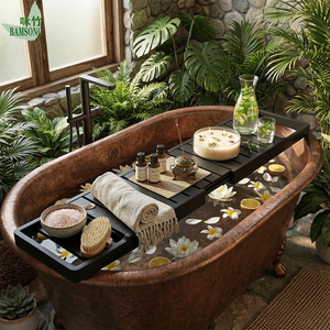 Plateau de bain extensible en bambou noir avec fentes, organiseur de bain de luxe pour spa, pour <span class=keywords><strong>le</strong></span> rangement du vin, des livres, des tablettes et des serviettes - Product Image 4