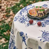 Nappe rectangulaire en coton mélangé à imprimé floral bleu, style vintage français, pour la maison, les dîners et les pique-niques