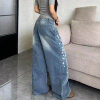 Nouveau jean large brodé Shenlong de style chinois, pantalon taille haute à motif floral traditionnel chinois