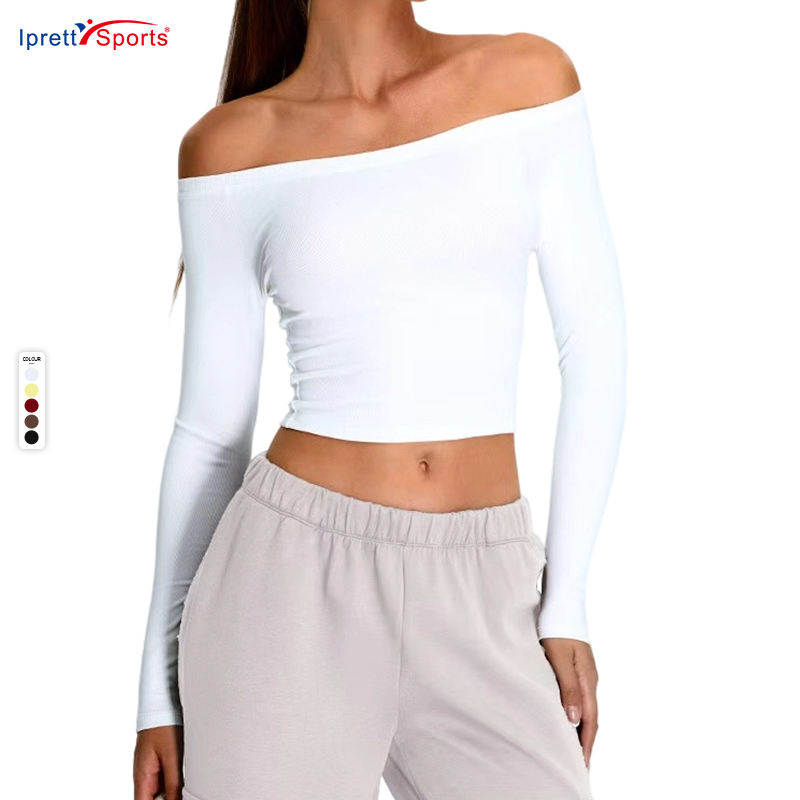 New Fashion Breathable for Long-sleeve Yoga Top Women's Sexy Off-shoulder Sports Boat Neck T-shirt Running Shirt Tight-fitting