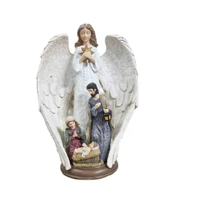 Resin Colorful Embossed Pattern Effect Angel Wings Figure Ornament Christ Manger Jesus Family Combination Gift