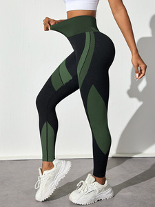Pantalones de <span class=keywords><strong>Yoga</strong></span> de cintura alta <span class=keywords><strong>para</strong></span> <span class=keywords><strong>mujer</strong></span>, mallas deportivas transpirables sin costuras con bloques de colores, rayas negras largas ajustadas sólidas - Product Image 2
