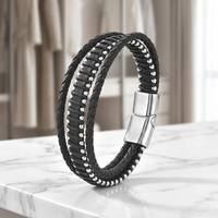 Bracelet en acier inoxydable avec fermoir personnalisé LOGO, bracelet en cuir véritable tressé à trois couches pour homme, bijoux de mode, cadeau