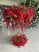 Centerpiece Bunga Mawar Merah Sutra untuk Pernikahan, Bola Bunga Besar Buatan Bentuk Kincir Ria Merah untuk Dekorasi Pesta Acara