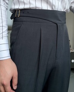 Pantalones de traje rectos de cintura alta con cinturón de hebilla de estilo italiano, pantalones <span class=keywords><strong>Gurkha</strong></span> elegantes ajustados informales para hombre - Product Image 4