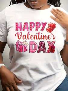 T-shirt da donna a maniche corte stile festival, con stampa a cuore per San Valentino, top casual alla moda in jersey di cotone, girocollo, vestibilità regolare - Product Image 3