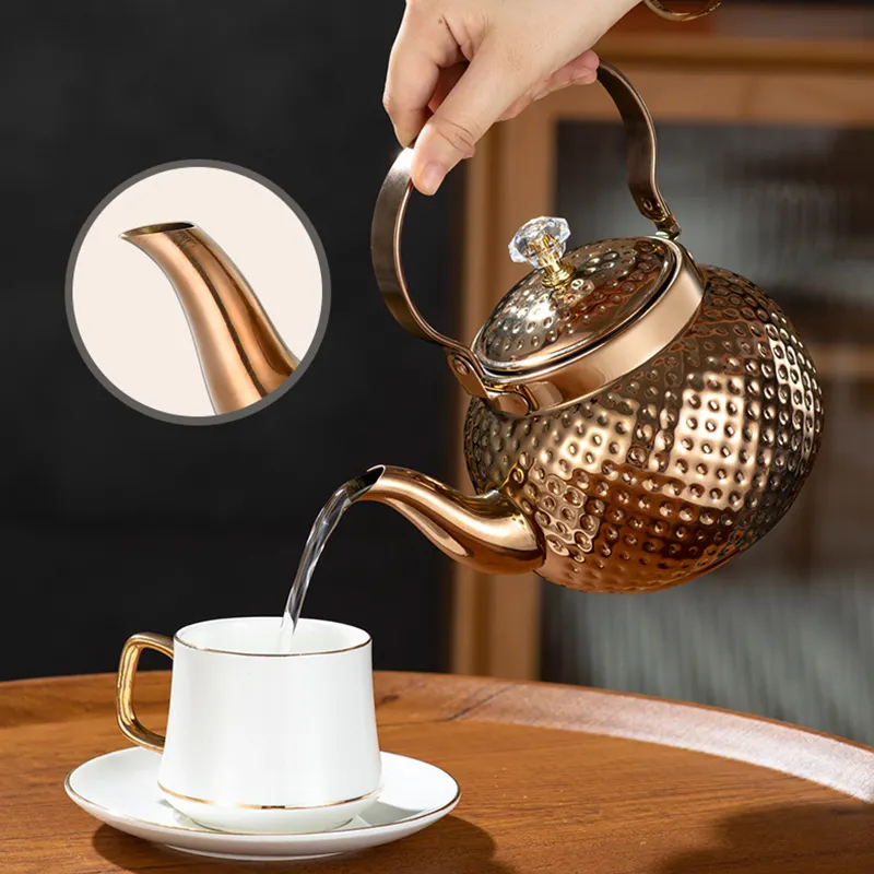 Aço inoxidável ouro cobre bule assobiando chaleira água quente chá pote 2L teaPots chaleiras