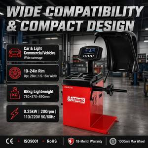 Balanceadora de Ruedas Automática GATmatic KWB500, Precisión de 1g, Ciclo de 8s, Llantas de 10-24 Pulgadas, 65kg, Pantalla LED Azul, Modos ALU, Certificación CE - Product Image 5