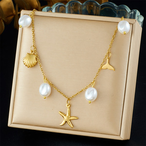 Starfish Shell Pearl Pendant Necklace Gold Plated Stainless Steel Gift Jewelry - Product Image 1