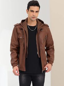 Vintage Motorcycle <b>Men's</b> Customize Faux Leather <b>Jacket</b> Winter Biker Cafe Racer <b>Jacket</b> with Fleece Removable Hood Wholesaler OEM - Product Image 2