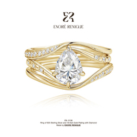 Bague fine empilable en argent sterling 925 plaqué or 18 carats avec moissanite VVS, motif poire vintage et motif vigne fluide, pour femme