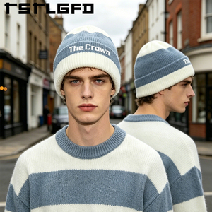 Gorros de Punto Personalizados con Logotipo, Gorro de Invierno a Rayas de Dos Tonos, Tejido Suave, con Borde Reforzado, Venta al Por Mayor, Fabricante - Product Image 1