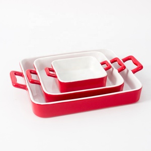 Factory Custom Microwave Safe Stoneware Bread Cake Spaghetti Bakery Dish Ceramic square Rectangular <strong>Baking</strong> <strong>Tray</strong> <strong>Set</strong> With Handles - Product Image 2