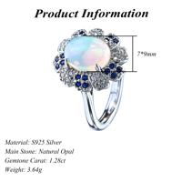 Bague Fleur en Opale Naturelle Taille Ovale en Argent Sterling 925 Plaqué Rhodium, Vente en Gros Usine, pour Femme, Cadeau d'Anniversaire, Tenue de Soirée
