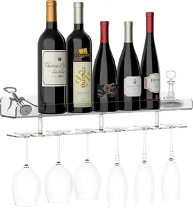 Wall Mount Wine Rack for Wine Bottles, Acrylic Floating Bookshelf, Clear Wall Display Shelf Holder for Book, Wine, Beer, Glasses