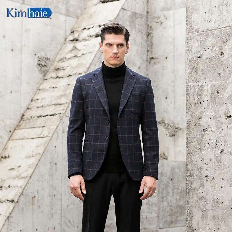 Retail wholesale best selling Men's blue navy check jacket stretch Italy blazer formal suit