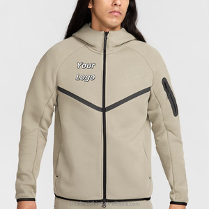 Conjunto Deportivo <span class=keywords><strong>de</strong></span> Dos Piezas para Hombre, Sudadera con Capucha Beige y Logotipo Bordado Personalizado Manlin, Chaqueta Deportiva con Cremallera Completa y Forro Polar Técnico - Product Image 1