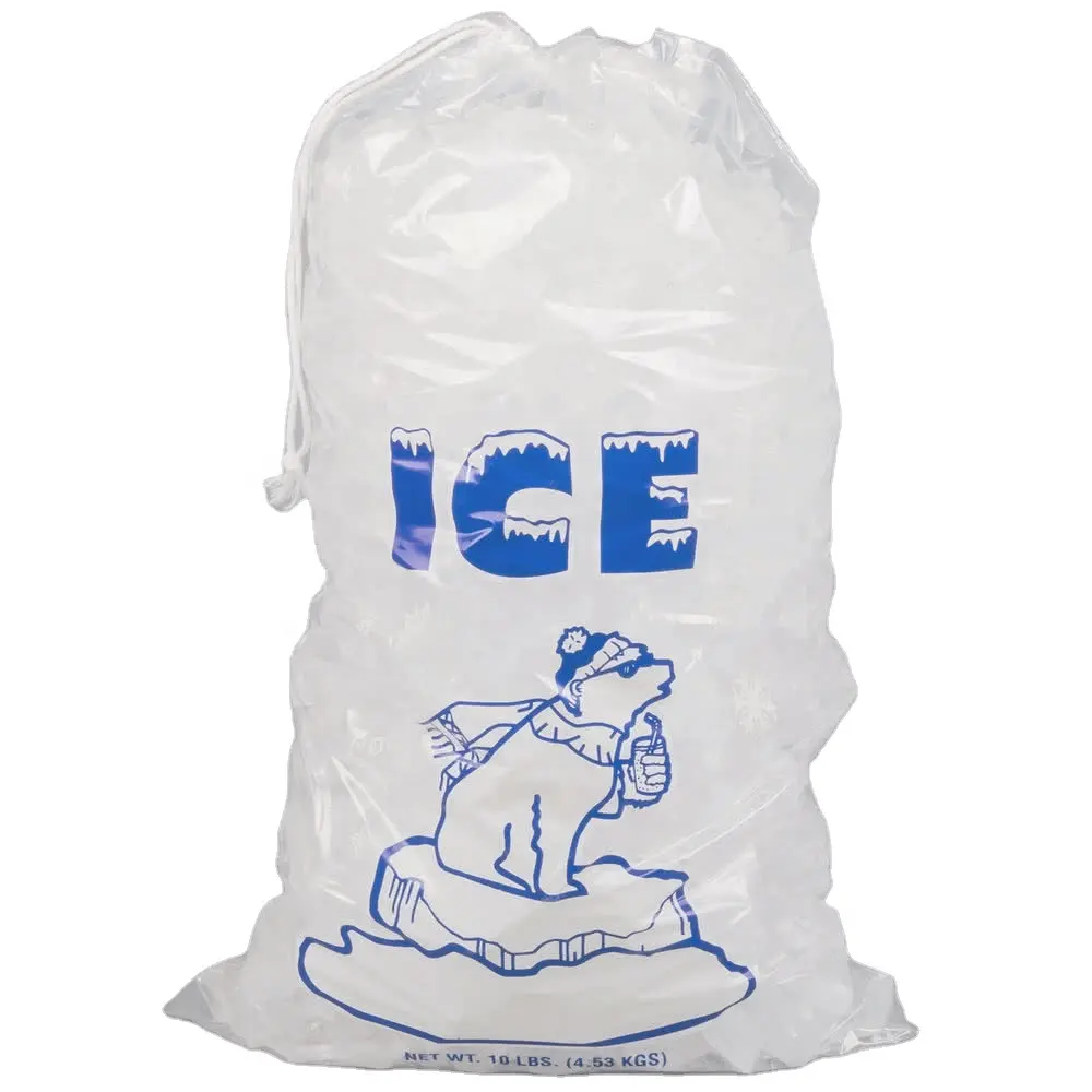 2024 Customizable LDPE Drawstring Ice Pouch Recyclable Plastic Ice Bags with Heat Sealed Handle Valve for Sealing