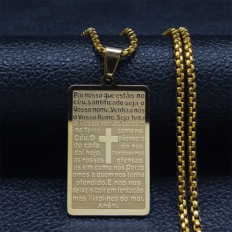 Kalung doa Injil pria baja tahan karat, perhiasan kalung agama Portugis