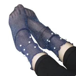 Nuevo diseño de moda Ultra fino tul calcetines elásticos señora brillo perla brillante Nylon encaje tobillo medias Sexy
