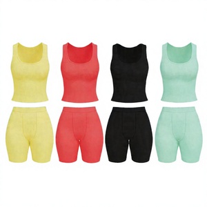 Solid Ribbed <b>Knitting</b> Fabric Tank Top Cotton Spandex Breathable Loungewear Women <b>Sets</b> Above Knee Summer Skinny Short Custom Logo - Product Image 4