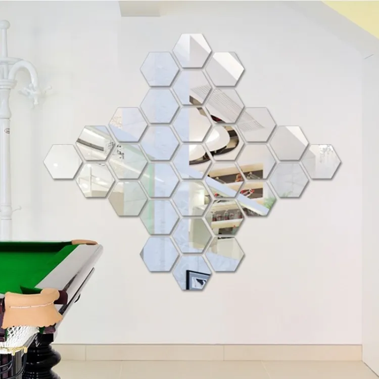 12 PCS Hexagonal Mosaic Mirror Acrylic Stereo Wall Stickers Creative Background Home Living Room Wall Sticker