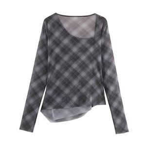 SHENZHU Wanita 2025 Mode Baru Blus Jaring Kotak-kotak Vintage Lengan Panjang Kemeja Wanita Blusas Atasan Chic - Product Image 2