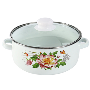 Marmite à soupe en émail à double anse avec couvercle en verre 16/18/<span class=keywords><strong>20</strong></span>/22/24 <span class=keywords><strong>CM</strong></span>, kit de cuisson en porcelaine émaillée motif fleur blanche - Product Image 5