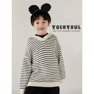 Automne hiver garçons décontracté ample rayé à capuche pull pull hiver enfants nouveau côtelé bord pull - Product Image 2