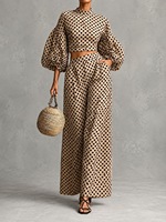 Vente en gros directe usine : Ensemble haut à manches lanternes à pois et pantalon large taille haute avec logo personnalisé