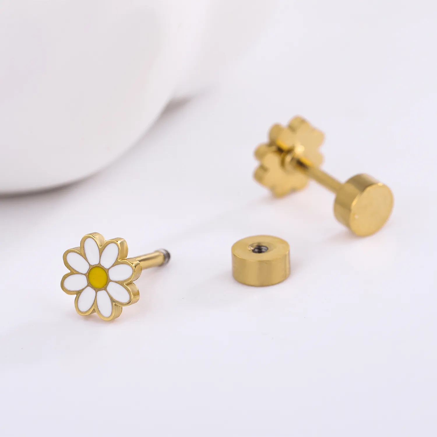 Chrysanthemum cute flower enamel stud earrings 18K golden stainless steel jewelry for children women girls