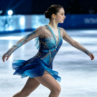 Robe de patinage artistique bleu dégradé avec strass, dos en V profond, manches longues, maille, costume de compétition de patinage sur glace, personnalisable