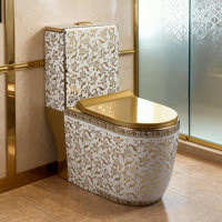 WC monobloc moderne en céramique vitrifiée, finition dorée royale à motif floral, à chasse d'eau à jet siphonique, avec jupe décorative, économie d'eau et double chasse