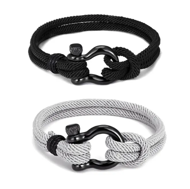 SC Fashion bracciale in corda da arrampicata a doppio strato intrecciato a mano Homme bracciale da uomo con fibbia a ferro di cavallo nero durevole in acciaio inossidabile