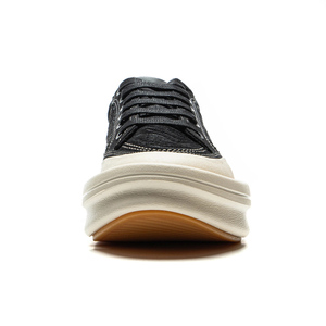 Trendy Unisex Chunky Platform Canvas <b>Sneakers</b> <b>Black</b> Upper White Sole Stitch Casual Daily Shoes - Product Image 4