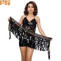 Costume de danse 2 pièces à sequins et franges pour femme, ensemble haut dos nu et jupe, tenue de danse latine et de danse du ventre pour carnaval, spectacle sur scène et soirée