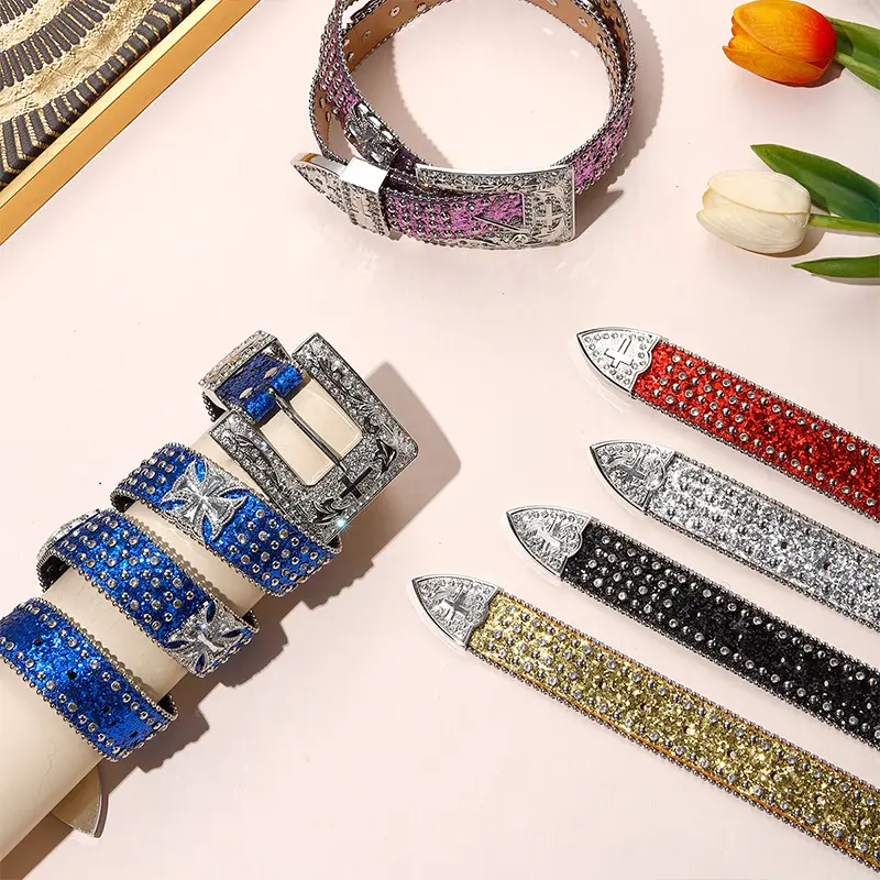 Manufacture Wholesale Fashion Bling Bling Rhinestone BB Belt Cheap Western PU Leather Studded Cross Belts for Cowgirl Cowboy