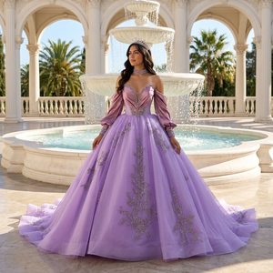 251139 Elegante Vestido de Quinceañera Morado con Escote Corazón, Perlas, Apliques de Cristal y Cuentas, Sin Mangas, Cola Capilla - Product Image 1