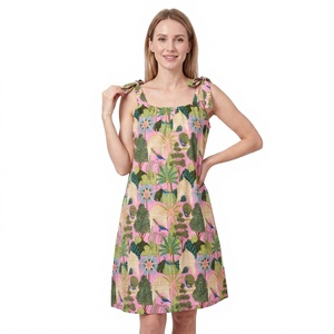 Floral Print Sleeveless Loose Eco-Friendly 100% Cotton Dress with <b>Bow</b> Straps Knee-Length Casual Summer for Women - Product Image 1