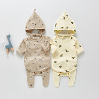 Ensemble de barboteuse pour bébé Angou, version coréenne, nouveau printemps et automne, barboteuse imprimée, pantalon à pieds, chapeau, ensemble trois pièces