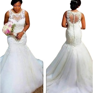 White Mermaid Wedding Dress O-Neck Illusion Lace High Low Silhouette For Bride - Product Image 2