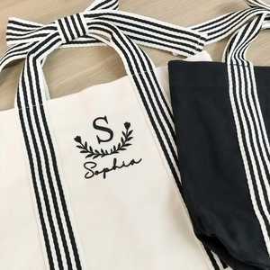 Embroidered Name Casual Mixed Colors Square Handmade Tote Women Custom Canvas Beach Travel Handbag Cute <b>Bow</b> Straps Top - Product Image 5