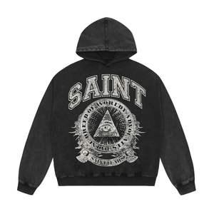 Sudadera con capucha informal de algodón con gráfico de letras bordadas Sudadera con capucha estampada de Hip Hop de invierno Peso pesado con bolsillo Liso teñido - Product Image 4